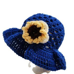 Bucket Hat granny sunflower handknit blue white yellow sun hat